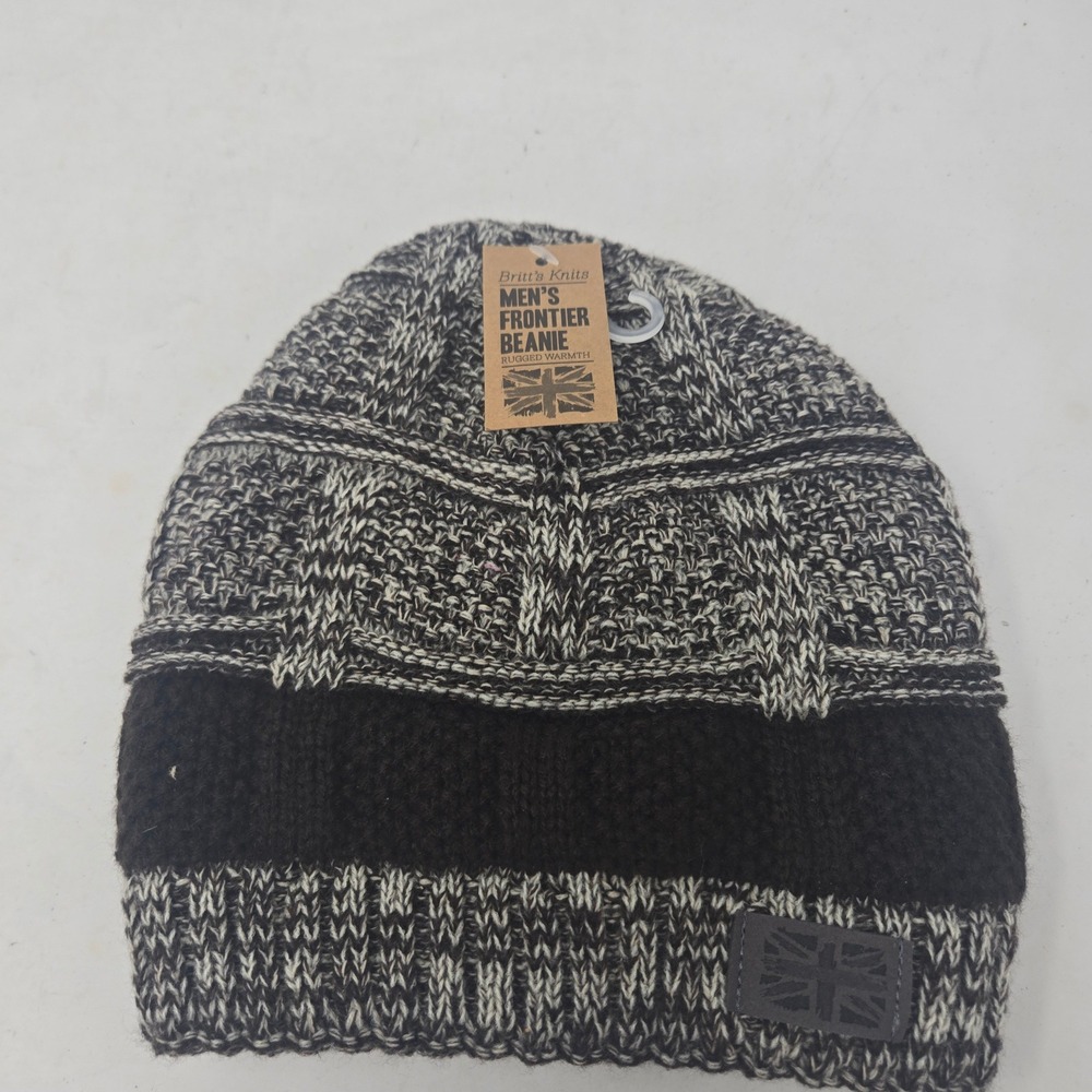 Britts Knits Mens Frontier Beanie Black Grey Faux Fur Lined Winter Knit Hat NWT
